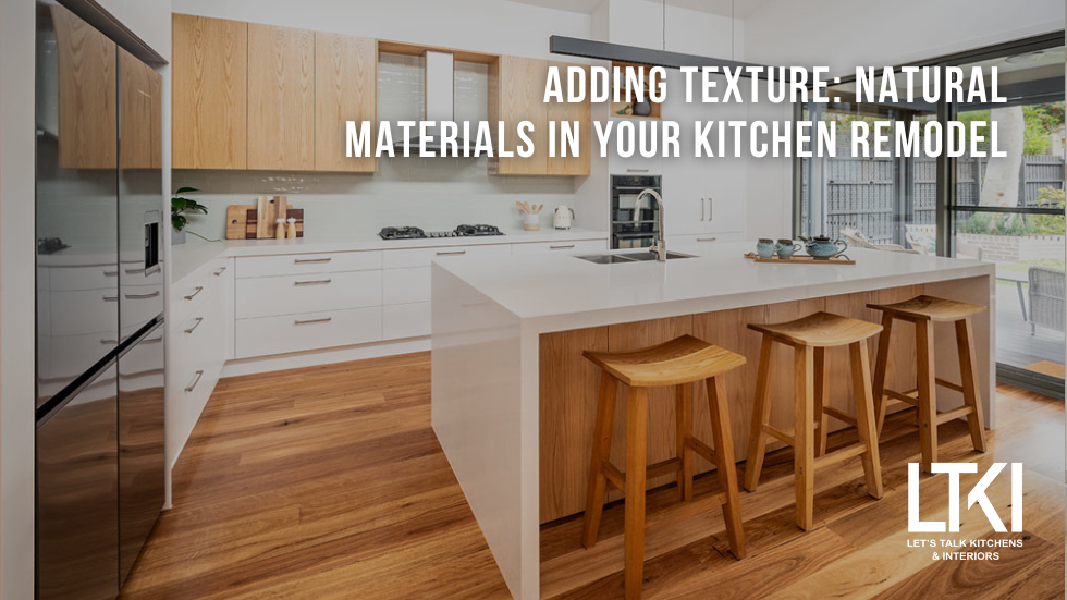 Kitchen remodel featuring natural materials such as stone countertops, timber cabinetry, terracotta tiles, and rattan accents, creating a warm, sustainable, and timeless design.